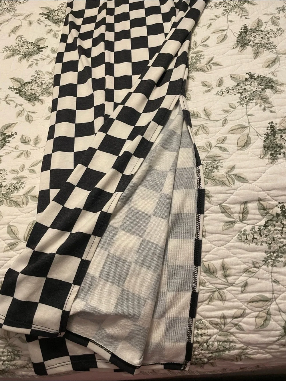 Checkerboard Midi Skirt with Side Slit - Olive & White